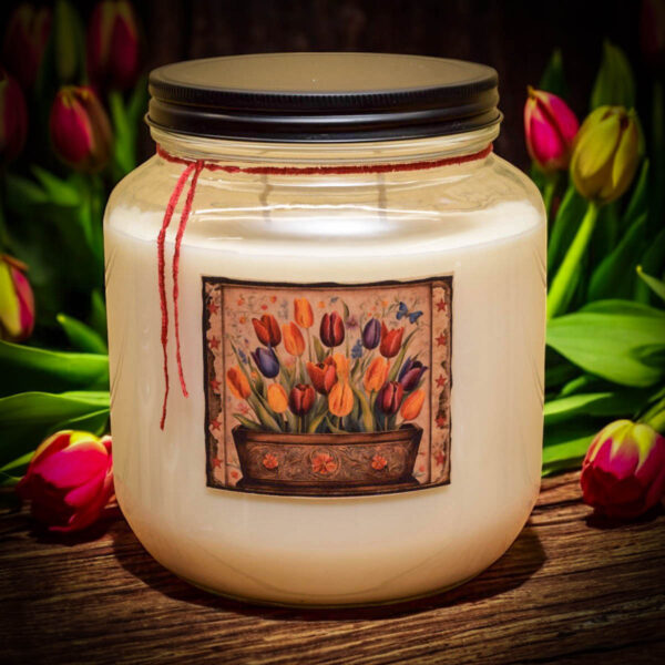 Timeless Tulips Planter Box Label 64 oz Jar Candle