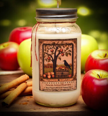 Spiced Apple Harvest 24 oz candle with folkart apple tree and crow label in mason jar with pewter tin lid