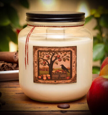Large 64 oz Spiced Apple Harvest candle with folkart apple tree and crow label, two-wick mason jar design
