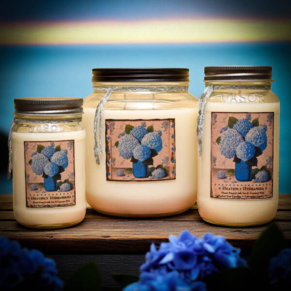 Heavenly Hydrangea 16 oz, 24 oz or 64 oz floral candle with a bright blue hydrangea label, featuring a soft, powdery scent.
