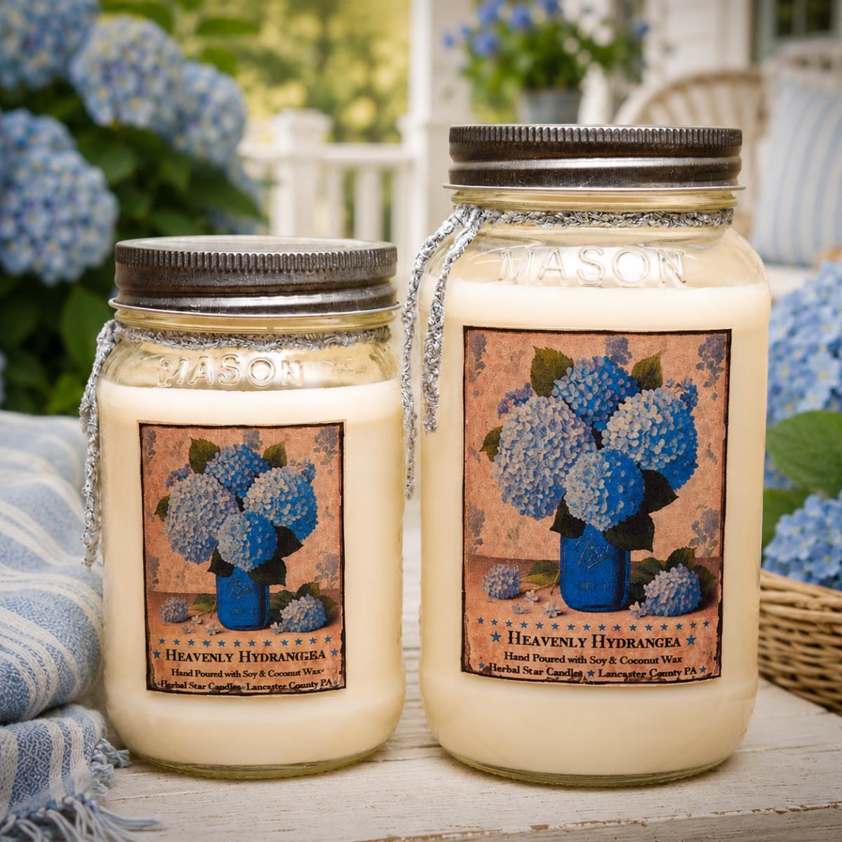 Heavenly Hydrangea candles, wax tart melters, room sprays, and foaming soaps with fresh florals and coastal air.