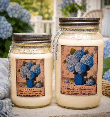 Heavenly Hydrangea candles, wax tart melters, room sprays, and foaming soaps with fresh florals and coastal air.