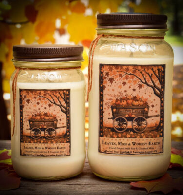 Falling Leaves scent collection with jar candles, mini wax tarts, room spray, and foaming hand soap in warm fall packaging