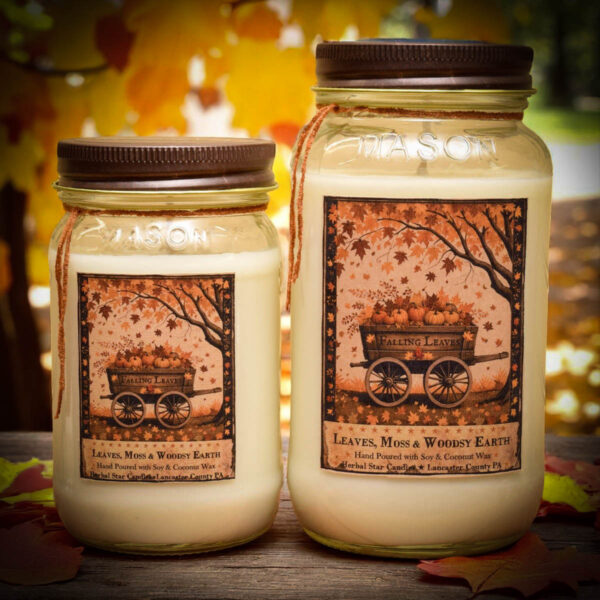 Falling Leaves scent collection with jar candles, mini wax tarts, room spray, and foaming hand soap in warm fall packaging
