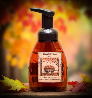 Falling Leaves foaming hand soap with folk art label of wagon and falling leaves in autumn colors