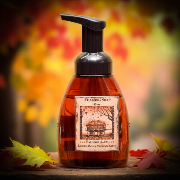 Falling Leaves foaming hand soap with folk art label of wagon and falling leaves in autumn colors