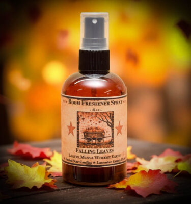 Falling Leaves room spray bottle with folk art label featuring pumpkins and falling leaves