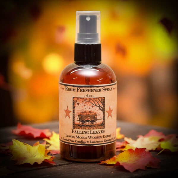 Falling Leaves room spray bottle with folk art label featuring pumpkins and falling leaves