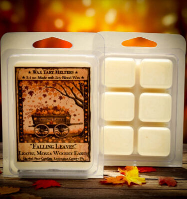 Falling Leaves mini wax tarts in squares, perfect for use in tart warmers with earthy and woodsy fall fragrance