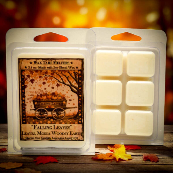 Falling Leaves mini wax tarts in squares, perfect for use in tart warmers with earthy and woodsy fall fragrance