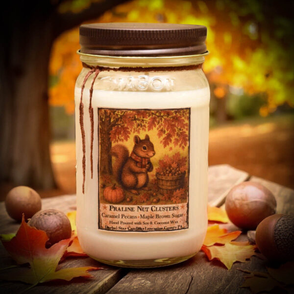 16 oz mason jar candle labeled Praline Nut Cluster with antique pewter lid in a warm dessert scent of roasted pecans and caramel