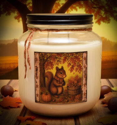 64 oz mason jar candle in Praline Nut Cluster scent with antique pewter lid, double wicks, and a cozy blend of pralines, pecans, and caramel