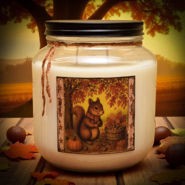 64 oz mason jar candle in Praline Nut Cluster scent with antique pewter lid, double wicks, and a cozy blend of pralines, pecans, and caramel