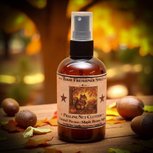 Praline Nut Cluster Room Spray with squirrel-themed label and warm scent of pralines, pecans, caramel, and vanilla