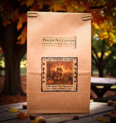 Praline Nut Cluster 10 oz bag of 12 wax tarts with squirrel-themed label and sweet, nutty scent of pecans, pralines, and caramel