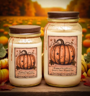 Pumpkin Star Patch scent collection featuring mason jar candles, wax tarts, room spray, and hand soap with a fall-themed pumpkin pie fragrance