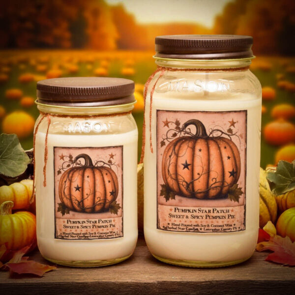 Pumpkin Star Patch scent collection featuring mason jar candles, wax tarts, room spray, and hand soap with a fall-themed pumpkin pie fragrance