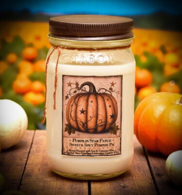 16 oz Pumpkin Star Patch candle in a mason jar with a sweet and spicy pumpkin pie scent