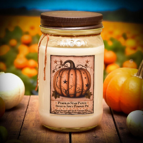 16 oz Pumpkin Star Patch candle in a mason jar with a sweet and spicy pumpkin pie scent