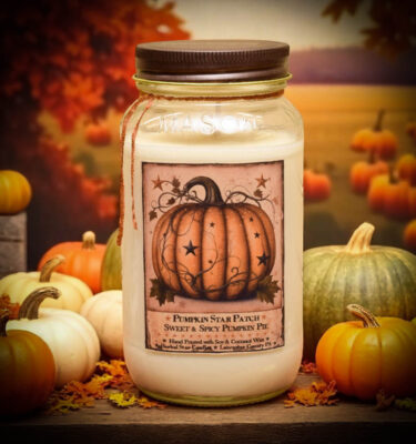 24 oz Pumpkin Star Patch mason jar candle with sweet and spicy pumpkin pie fragrance