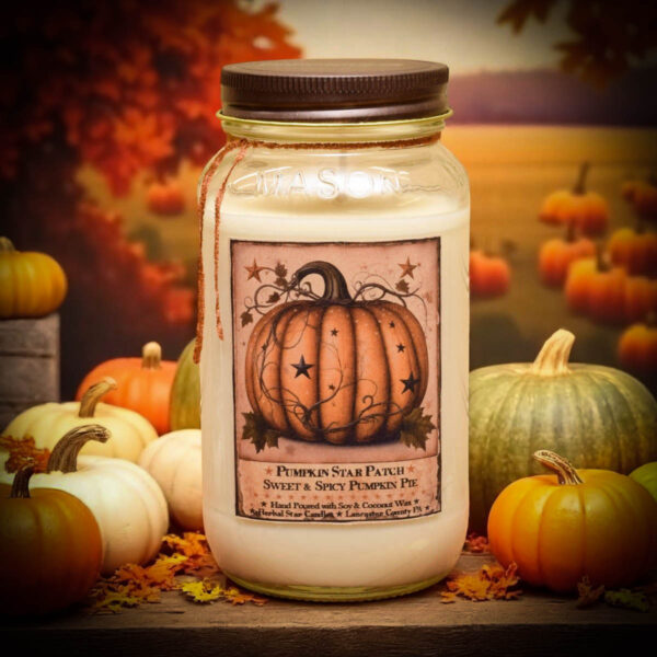 24 oz Pumpkin Star Patch mason jar candle with sweet and spicy pumpkin pie fragrance
