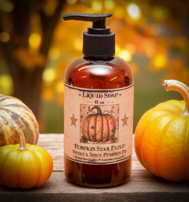 Pumpkin Star Patch liquid hand soap in amber pump bottle with sweet and spicy pumpkin pie scent