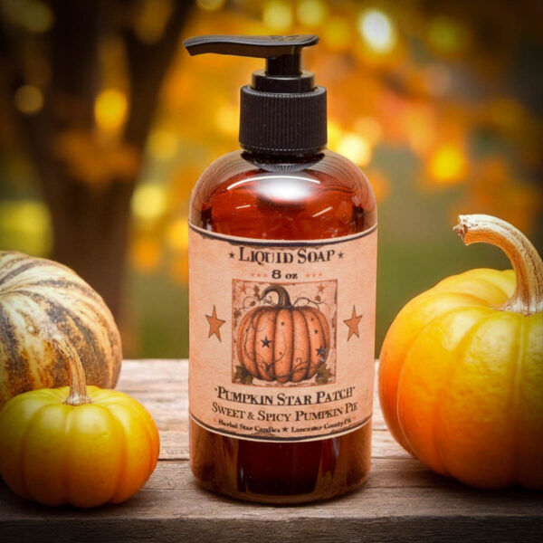 Pumpkin Star Patch liquid hand soap in amber pump bottle with sweet and spicy pumpkin pie scent