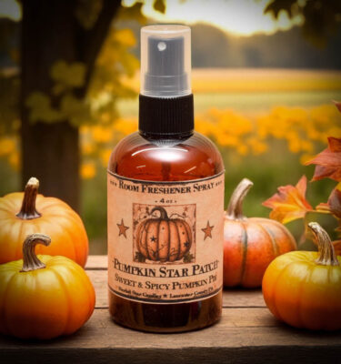 Pumpkin Star Patch room spray in amber bottle with sweet and spicy pumpkin pie scent