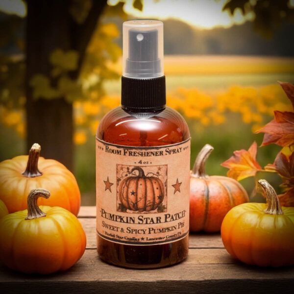 Pumpkin Star Patch room spray in amber bottle with sweet and spicy pumpkin pie scent