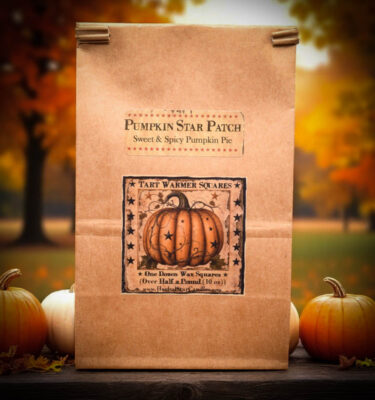 10 oz bag of Pumpkin Star Patch wax tarts with 12 squares scented like sweet and spicy pumpkin pie
