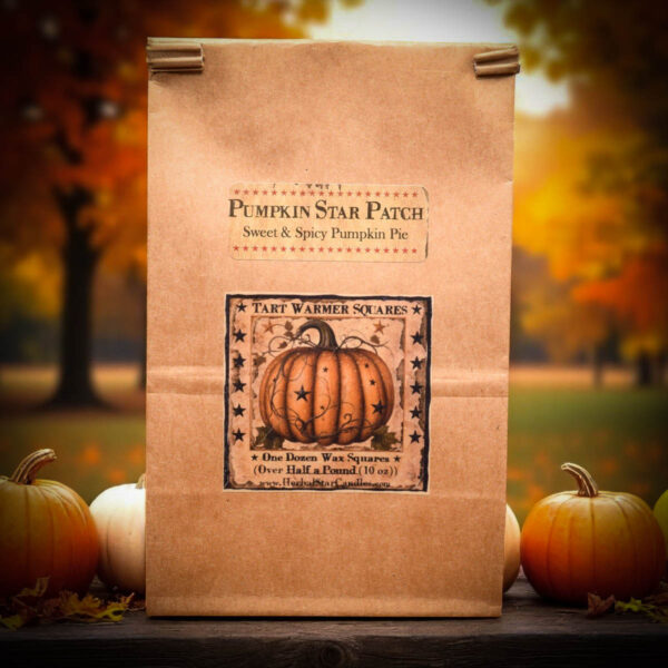 10 oz bag of Pumpkin Star Patch wax tarts with 12 squares scented like sweet and spicy pumpkin pie