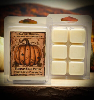 Pumpkin Star Patch mini wax tarts in a 2.4 oz clamshell package with a sweet pumpkin pie scent