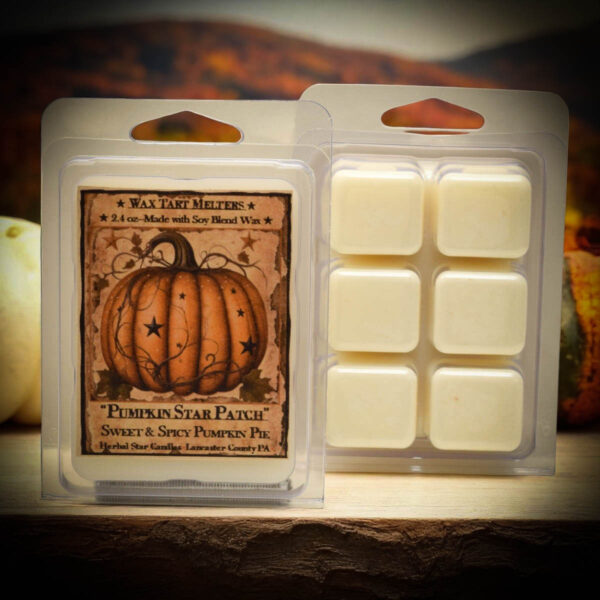 Pumpkin Star Patch mini wax tarts in a 2.4 oz clamshell package with a sweet pumpkin pie scent
