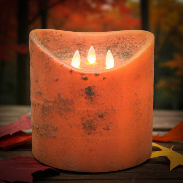 6x6 size Extra-large bittersweet orange flameless candle with three moving flame wicks and pumpkin scent