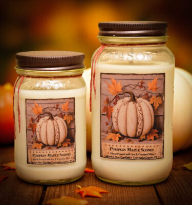 Pumpkin Maple Scones candle and home fragrance collection with rustic fall label featuring pumpkins, scones, and warm autumn colors.
