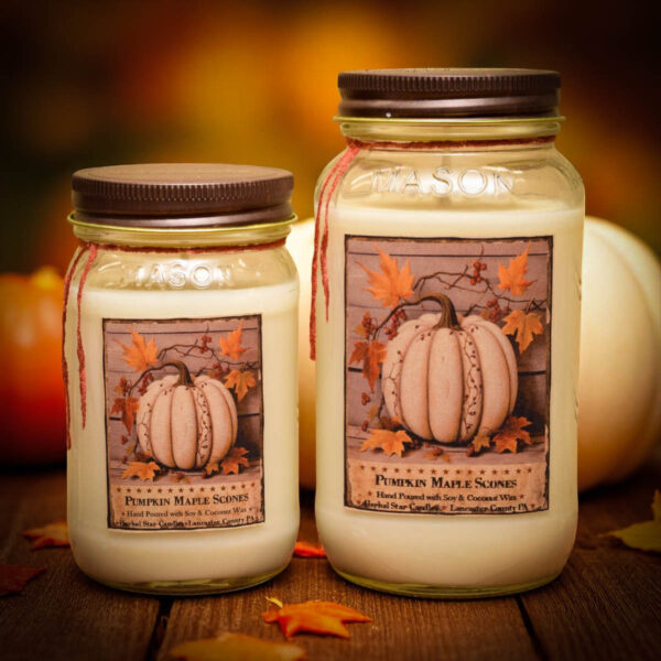 Pumpkin Maple Scones candle and home fragrance collection with rustic fall label featuring pumpkins, scones, and warm autumn colors.