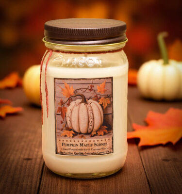 16 oz Pumpkin Maple Scones jar candle with rustic fall label featuring pumpkins, scones, and warm autumn accents.
