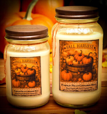 Harvest scent collection featuring pumpkin pecan cinnamon roll candles and wax tarts in rustic fall packaging