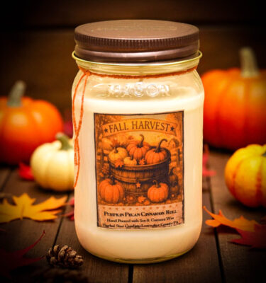 16 oz Harvest candle in mason jar with pumpkin pecan cinnamon roll scent and antique pewter lid