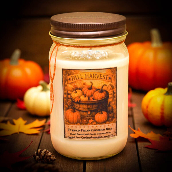 16 oz Harvest candle in mason jar with pumpkin pecan cinnamon roll scent and antique pewter lid