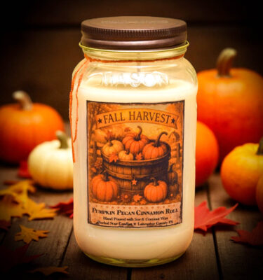 24 oz Harvest candle in mason jar with pumpkin pecan cinnamon roll scent and rustic fall packaging