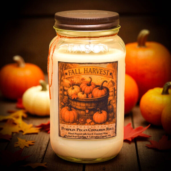 24 oz Harvest candle in mason jar with pumpkin pecan cinnamon roll scent and rustic fall packaging
