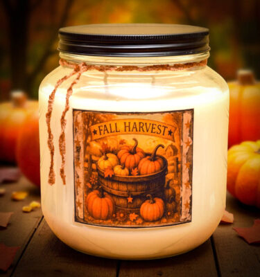 64 oz Harvest candle with double wicks and pumpkin pecan cinnamon roll scent in rustic mason jar with a black lid