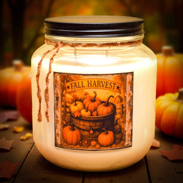64 oz Harvest candle with double wicks and pumpkin pecan cinnamon roll scent in rustic mason jar with a black lid