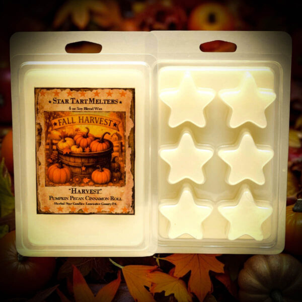 Harvest star-shaped wax tarts with pumpkin pecan cinnamon roll scent in fall-themed packaging