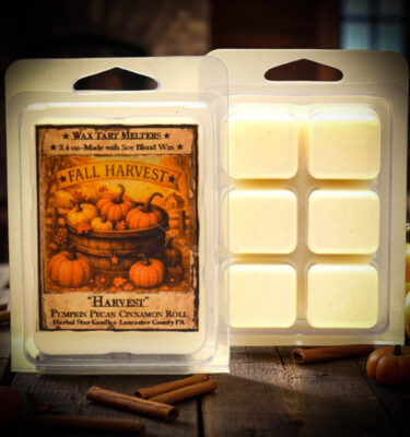 Pack of 6 Harvest mini wax tarts with pumpkin pecan cinnamon roll scent,