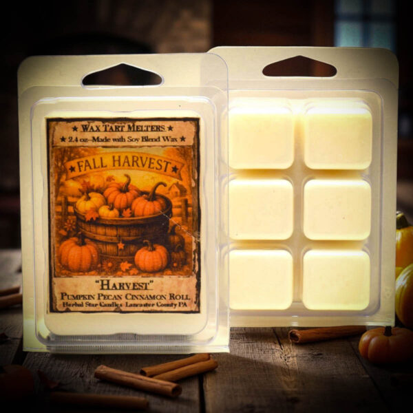 Pack of 6 Harvest mini wax tarts with pumpkin pecan cinnamon roll scent,