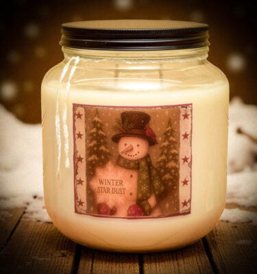 64 oz mason jar candle with snowman label, scented with vanilla and cinnamon, featuring antique pewter lid and two wicks