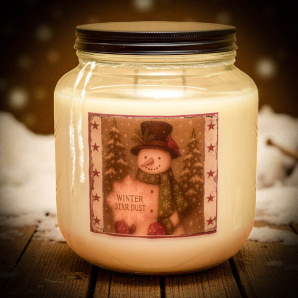 64 oz mason jar candle with snowman label, scented with vanilla and cinnamon, featuring antique pewter lid and two wicks