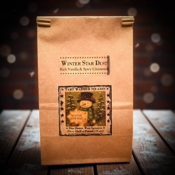 10 oz kraft bag of 12 Winter Star Dust wax tarts with snowman label, scented with vanilla and cinnamon